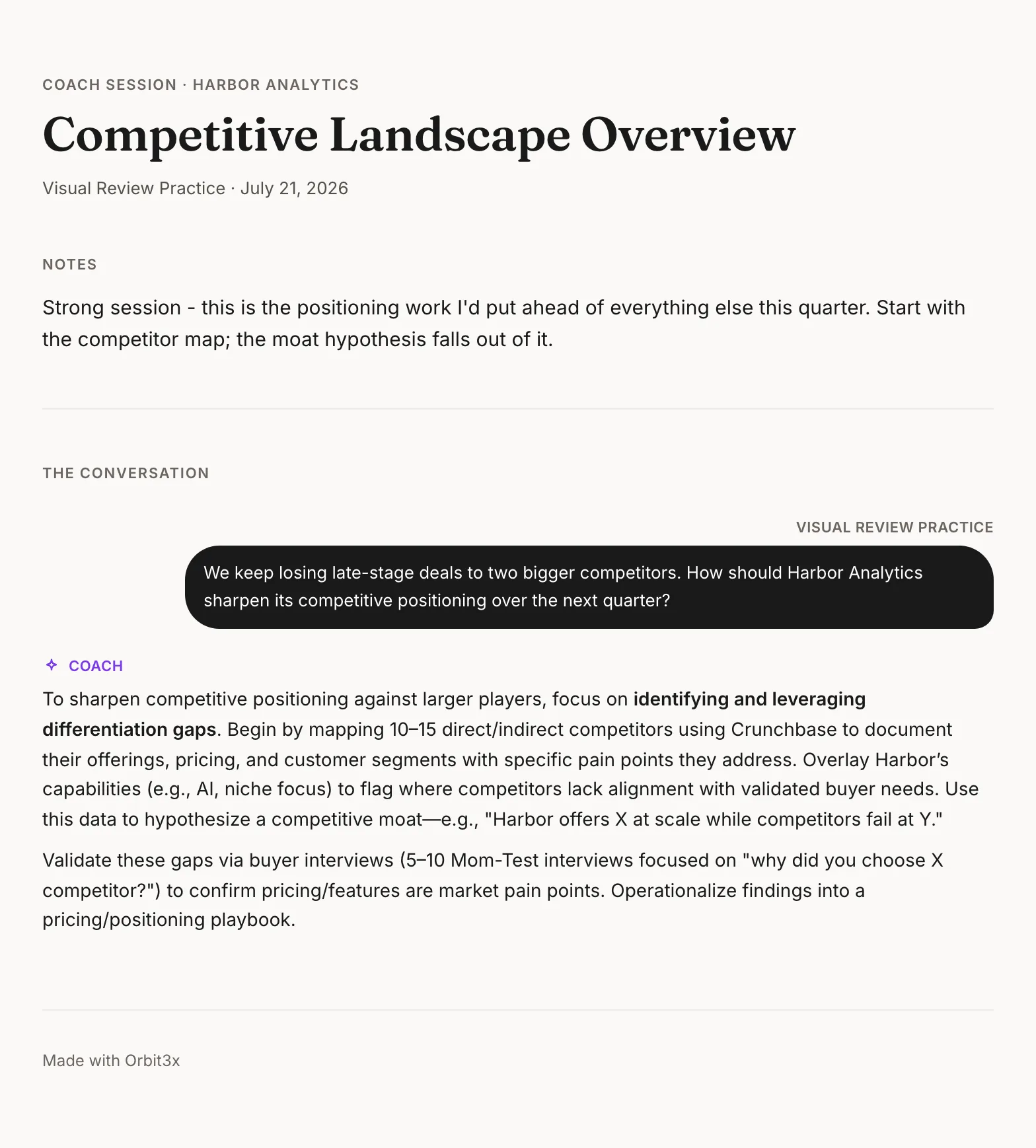 A shared coach session from Orbit3x: a hosted page with the advisor's notes on top and the conversation below, no sign-in needed